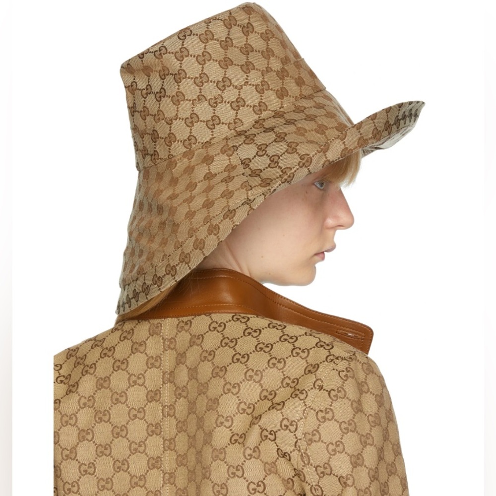 Monogram Bucket Hat Wide Large Brim Beige Canvas Jacquard Sun Tan Coverage New - Picture 5 of 16